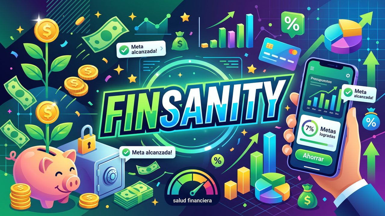 Finsanity banner: a piggy bank, coins and a phone showing budgets and savings goals.