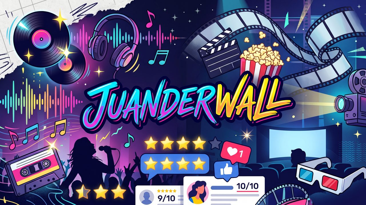 Juanderwall banner: vinyl records, headphones, film reels and star ratings.